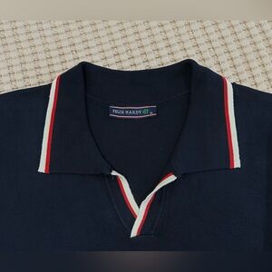 Felix Hardy Navy Knit Polo Shirt XL Red White Stripe Collar Lightweight